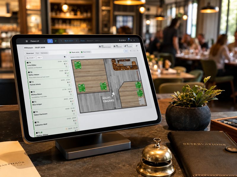 ReservX im Betrieb: Buchungsliste und Flurplan auf einem Monitor am Empfangstresen eines Restaurants