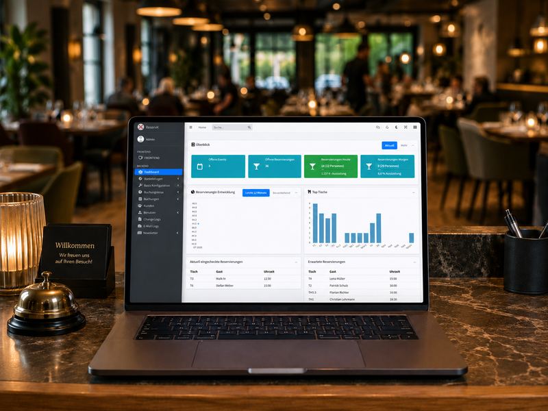ReservX im Betrieb: Laptop mit dem Dashboard der Gastronomie Software im Gastraum