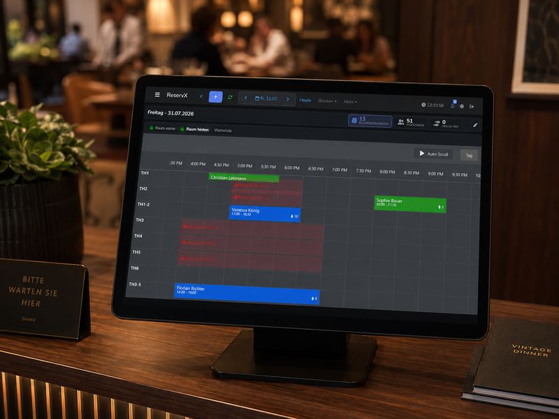 ReservX im Betrieb: Tablet mit der Zeitleisten-Ansicht des digitalen Reservierungsbuchs auf einem Restauranttisch