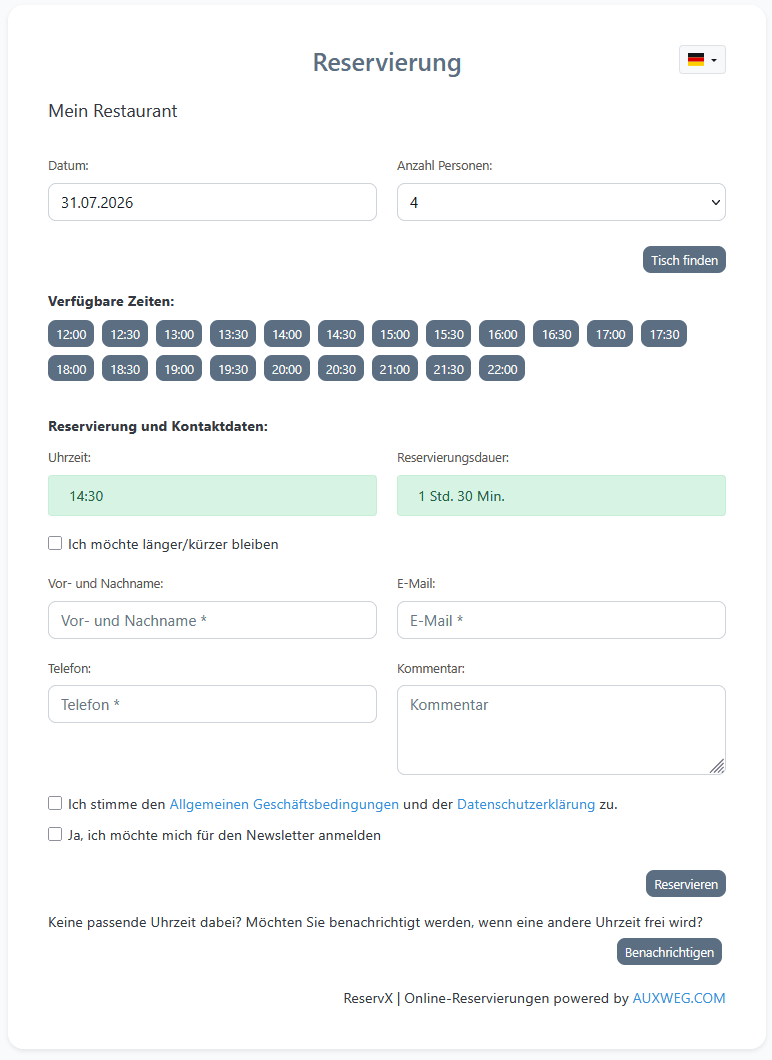 ReservX Buchungsseite aus Gästesicht: Auswahl der freien Zeitfenster, Kontaktdaten, Datenschutz-Checkbox und Newsletter-Opt-in